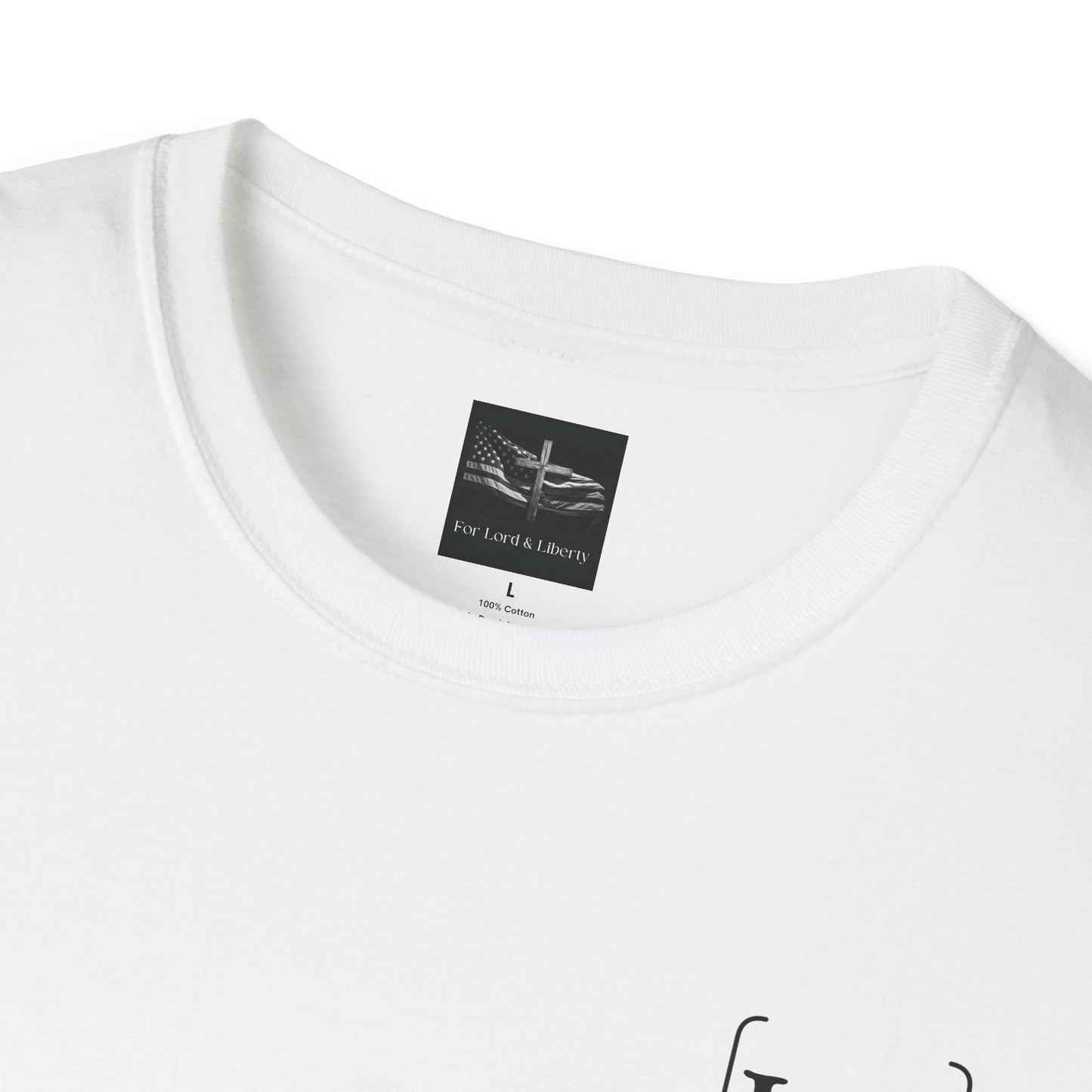 a white t-shirt with the for lord and liberty neck tag