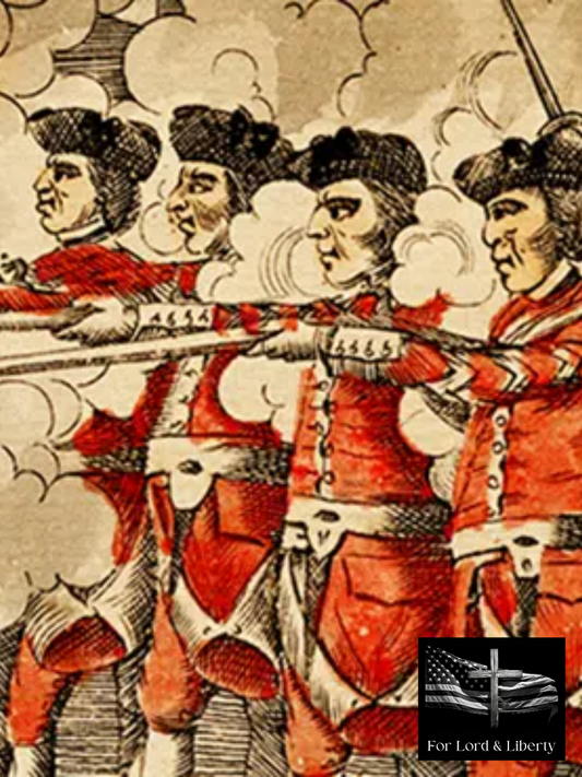 English soldiers firing muskets with the for lord and liberty logo