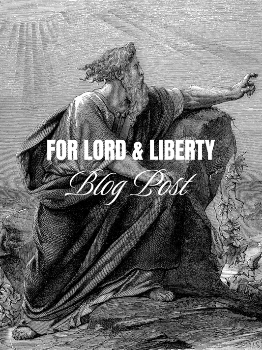 A black and white picture of Moses with the word For Lord & Liberty