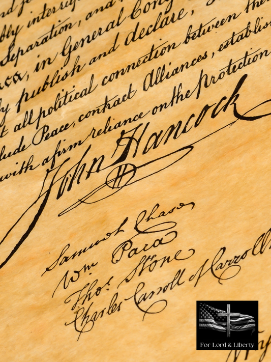 picture with the signature of John Hancock with the for lord and liberty logo