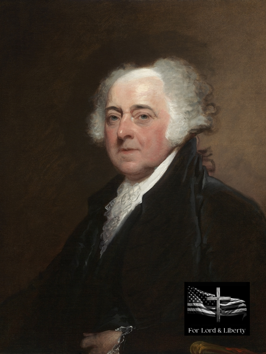 a picture of John Adams with the for lord and liberty logo