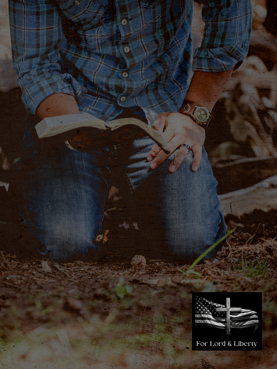 A man holding the Holy Bible with the for lord and liberty logo