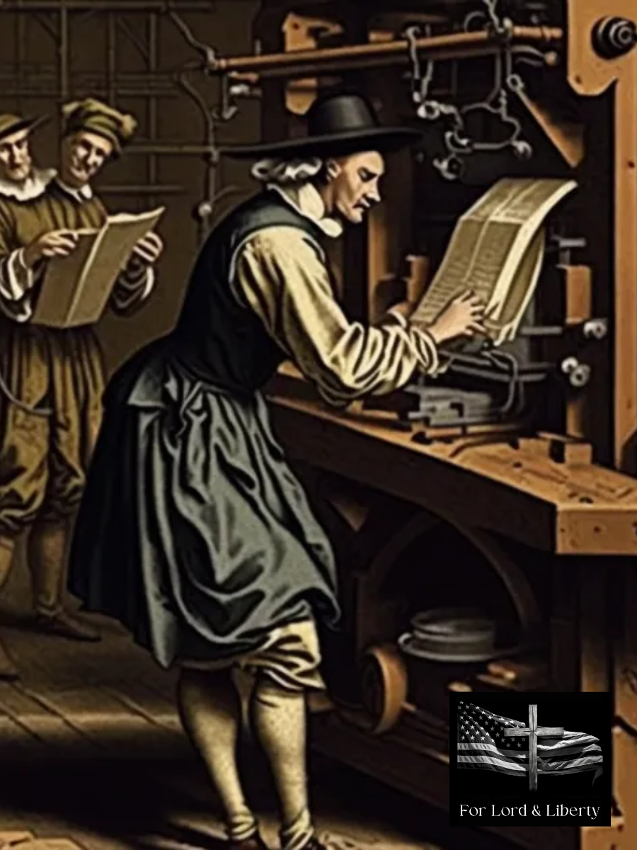 A man working on the printing press with the for lord and liberty logo