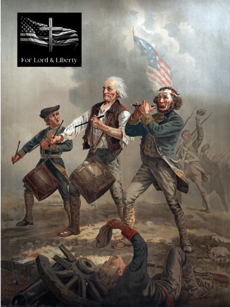 American Revolution two men playing drums and one a flute on the middle of a battlefield