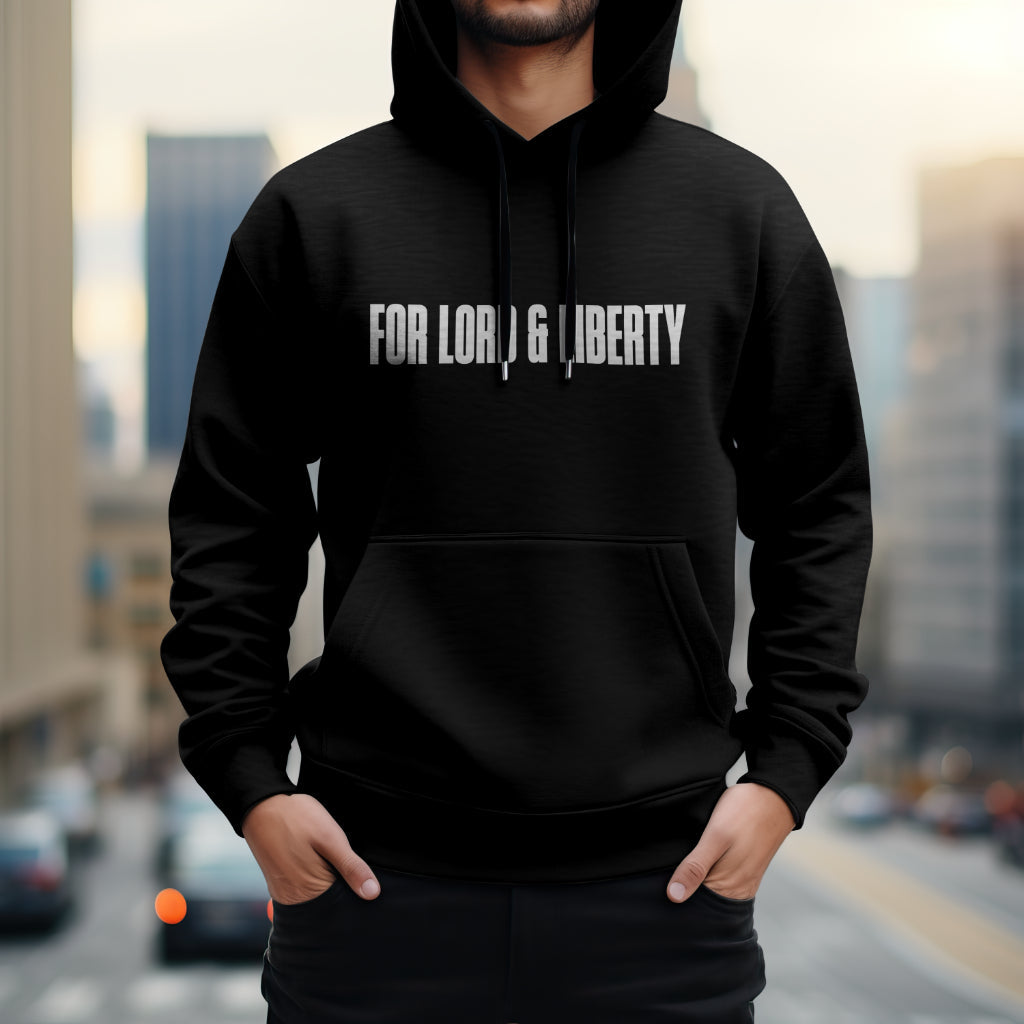 A man wearing a hoodie with the words For Lord & Liberty