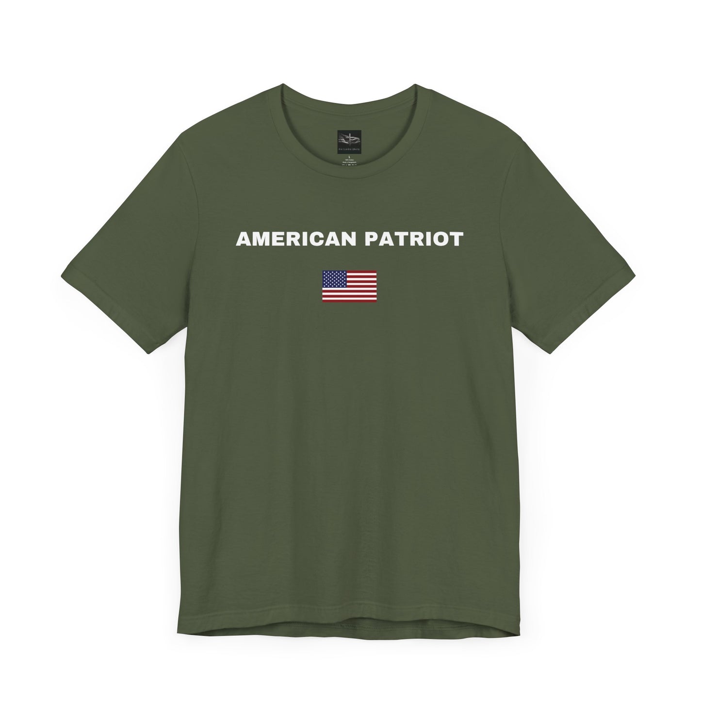 A military green t-shirt with the words American Patriot in white with an American flag