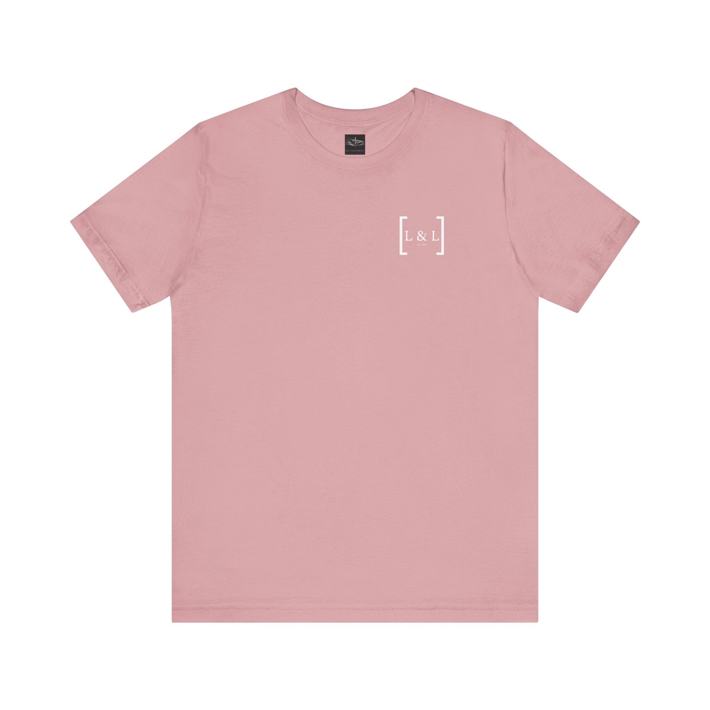 A sunset color t-shirt with the words L&L established 2023 on the left pocket