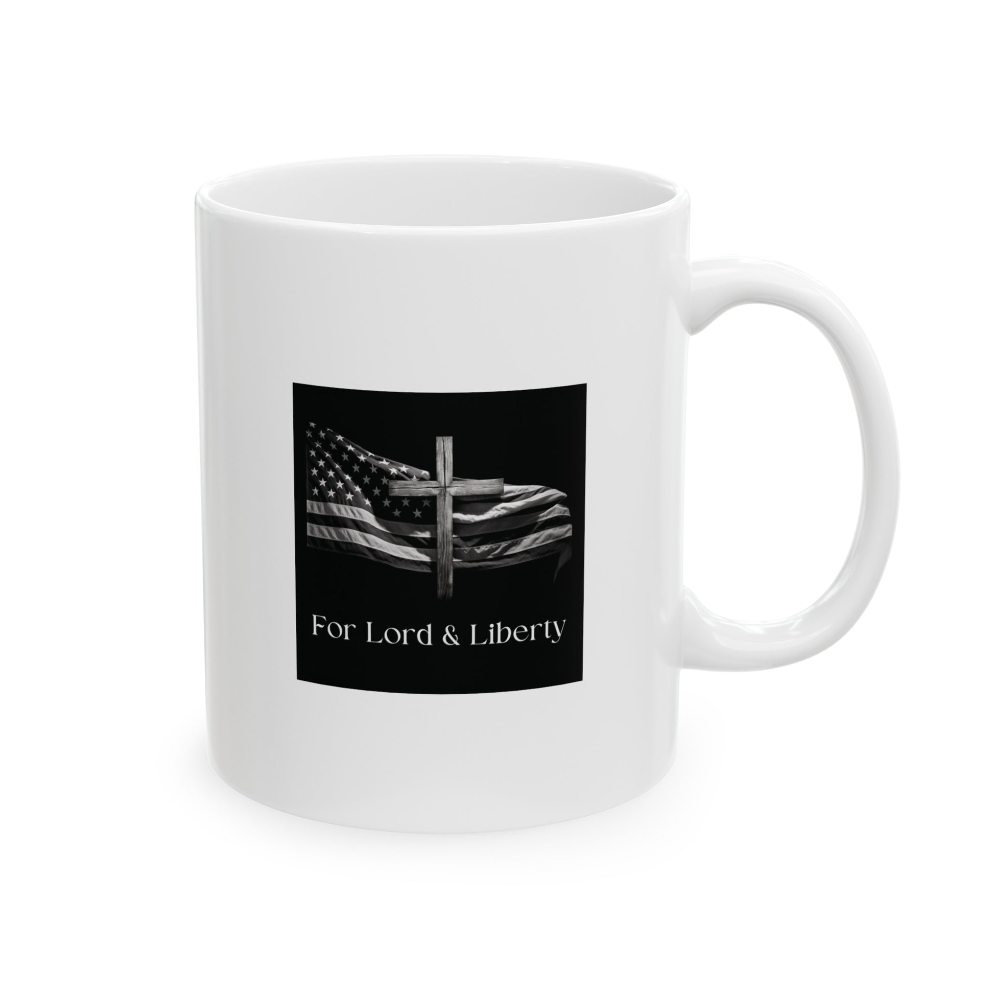 a white mug that has a for lord and liberty logo