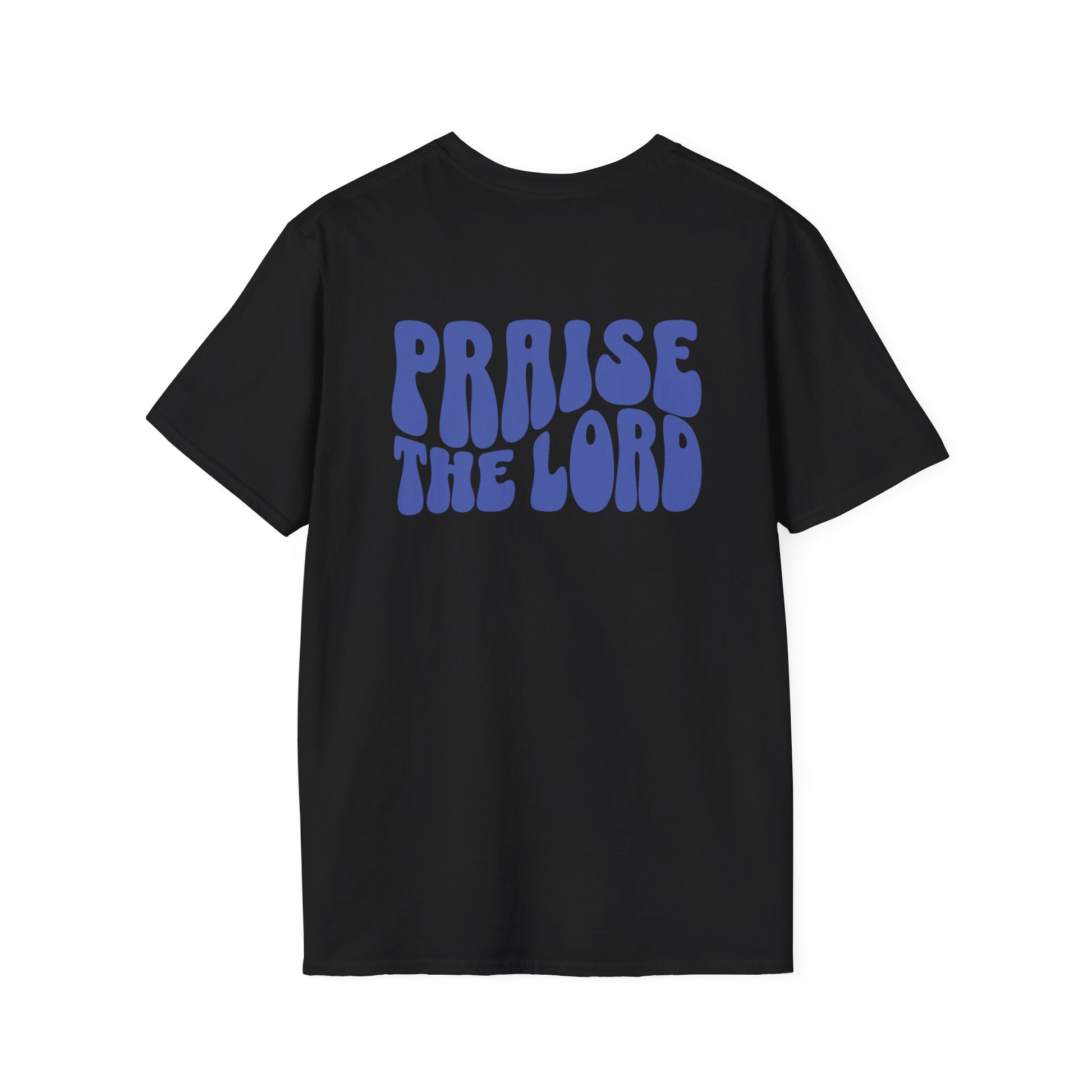 a black t-shirt with the words Praise The Lord in blue