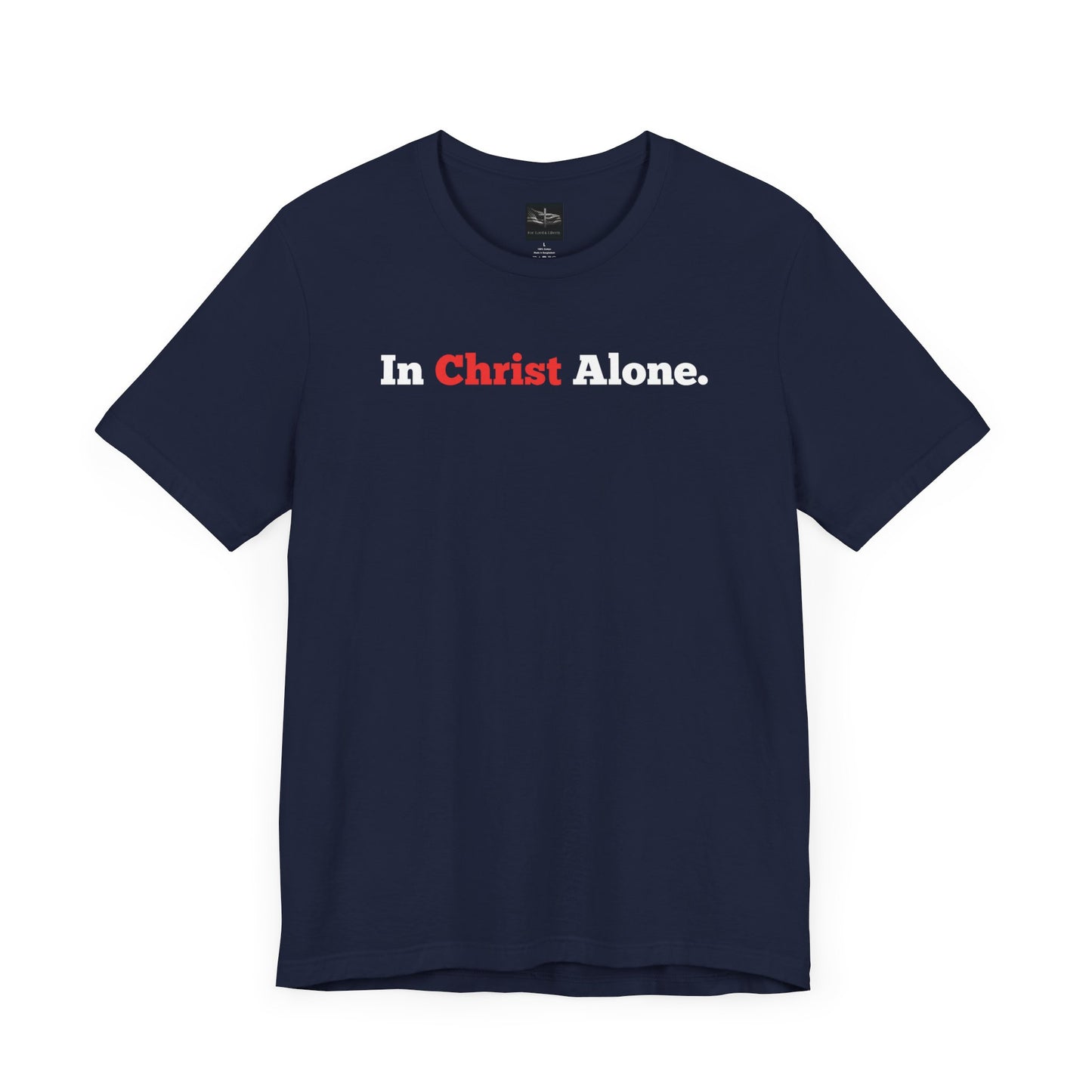 A navy t-shirt with the words In Christ Alone