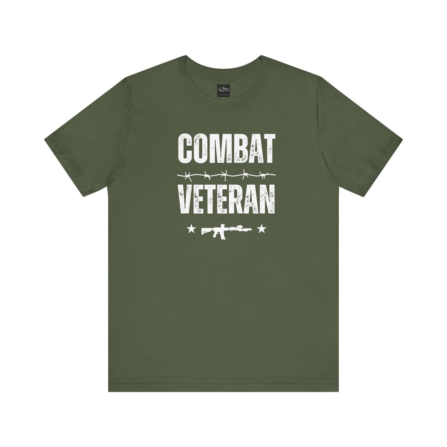 A military green t-shirt with the words combat veteran that includes a m-4 rifle, stars, and barb wire