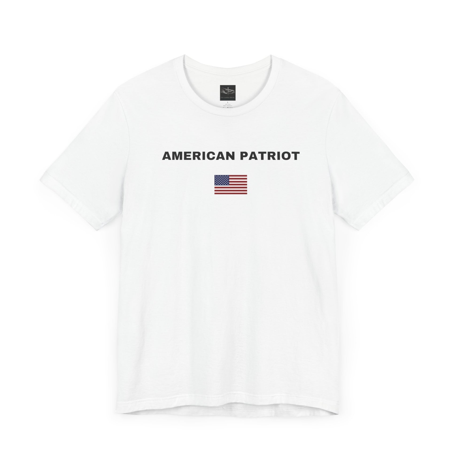 A white t-shirt with the words American Patriot in black with an American flag