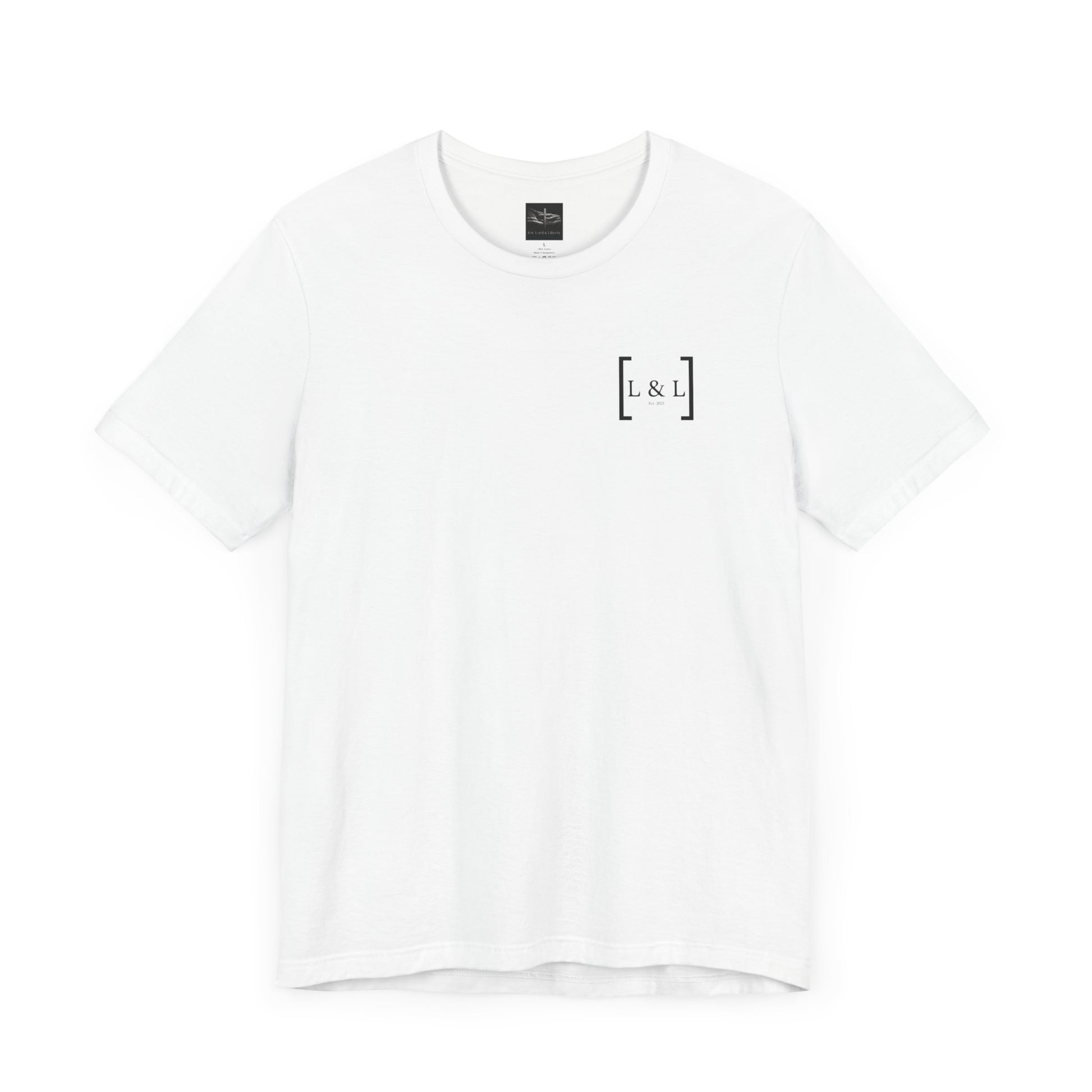 A white t-shirt with L&L established 2023 on the front left pocket