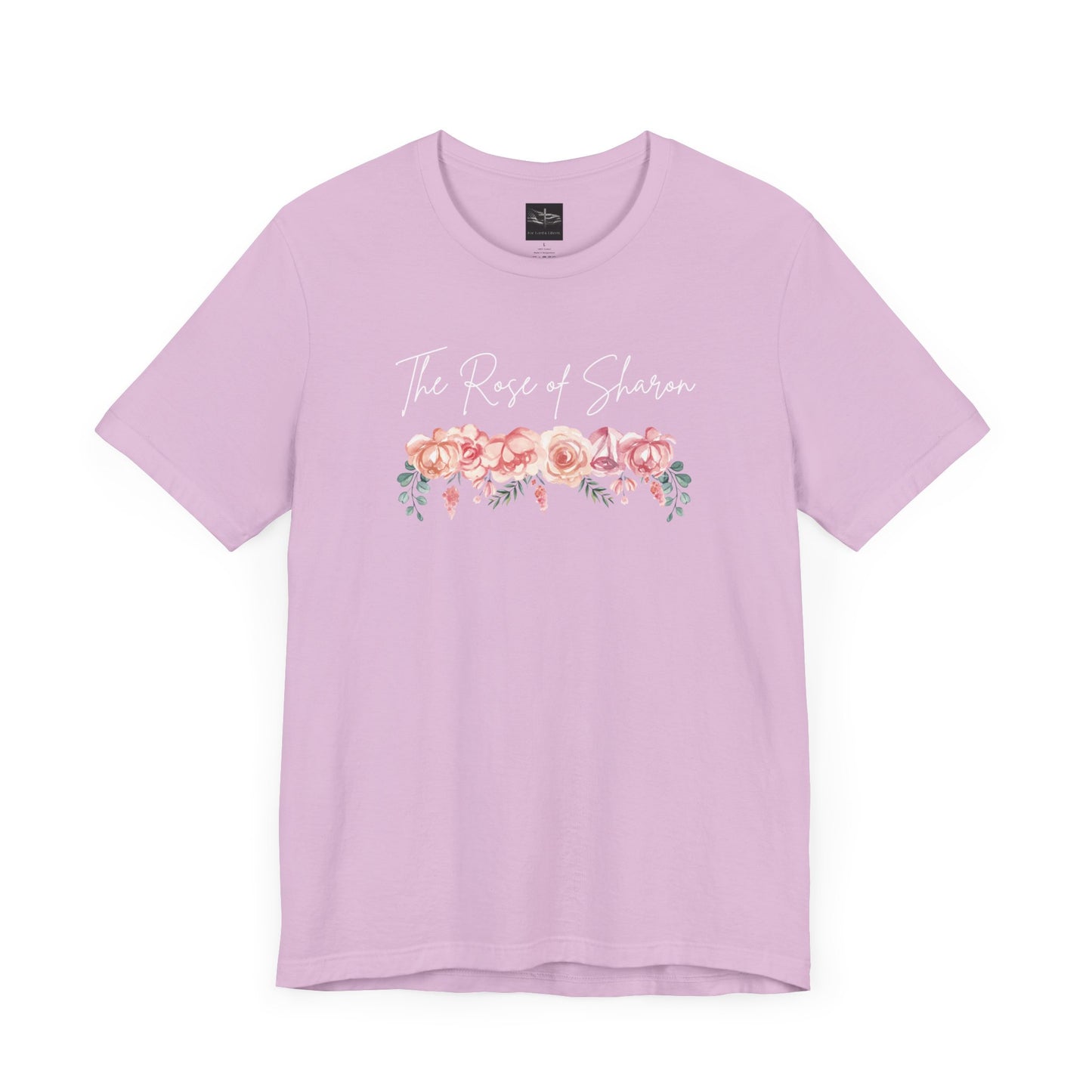 A lilac t-shirt with the words Rose of Sharon with a picture of roses