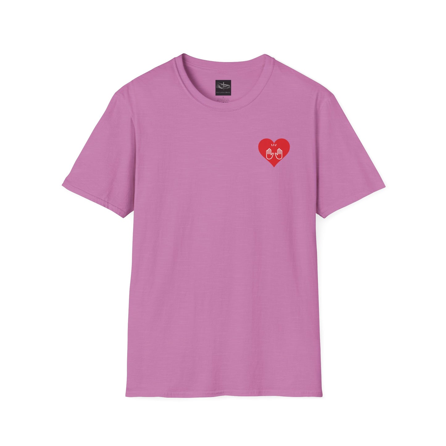 a heather radiant orchid t-shirt with a red heart logo with praising hands