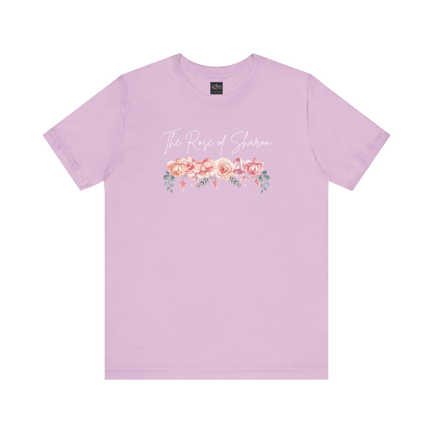 A lilac t-shirt with the words Rose of Sharon with a picture of roses