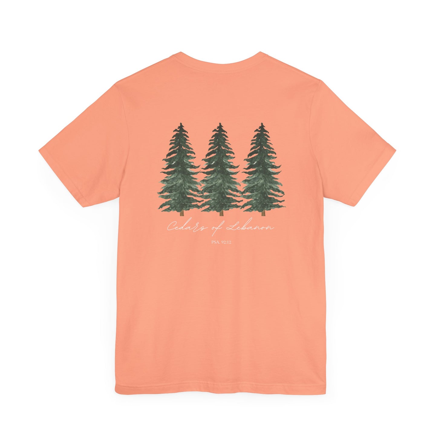 An sunset orange colored t-shirt with three cedar trees and the words Cedars of Lebanon and Psalms 92:12