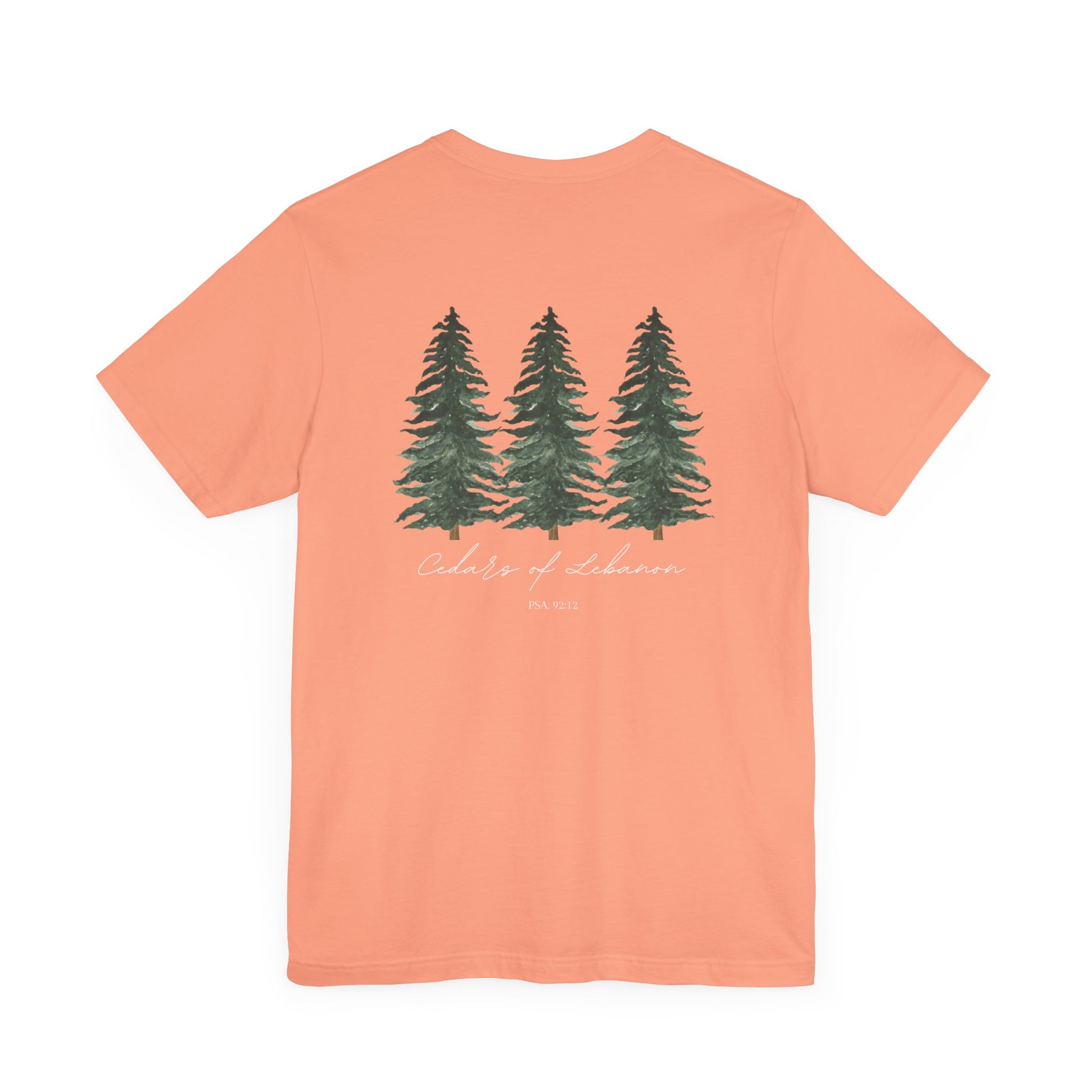 An sunset orange colored t-shirt with three cedar trees and the words Cedars of Lebanon and Psalms 92:12