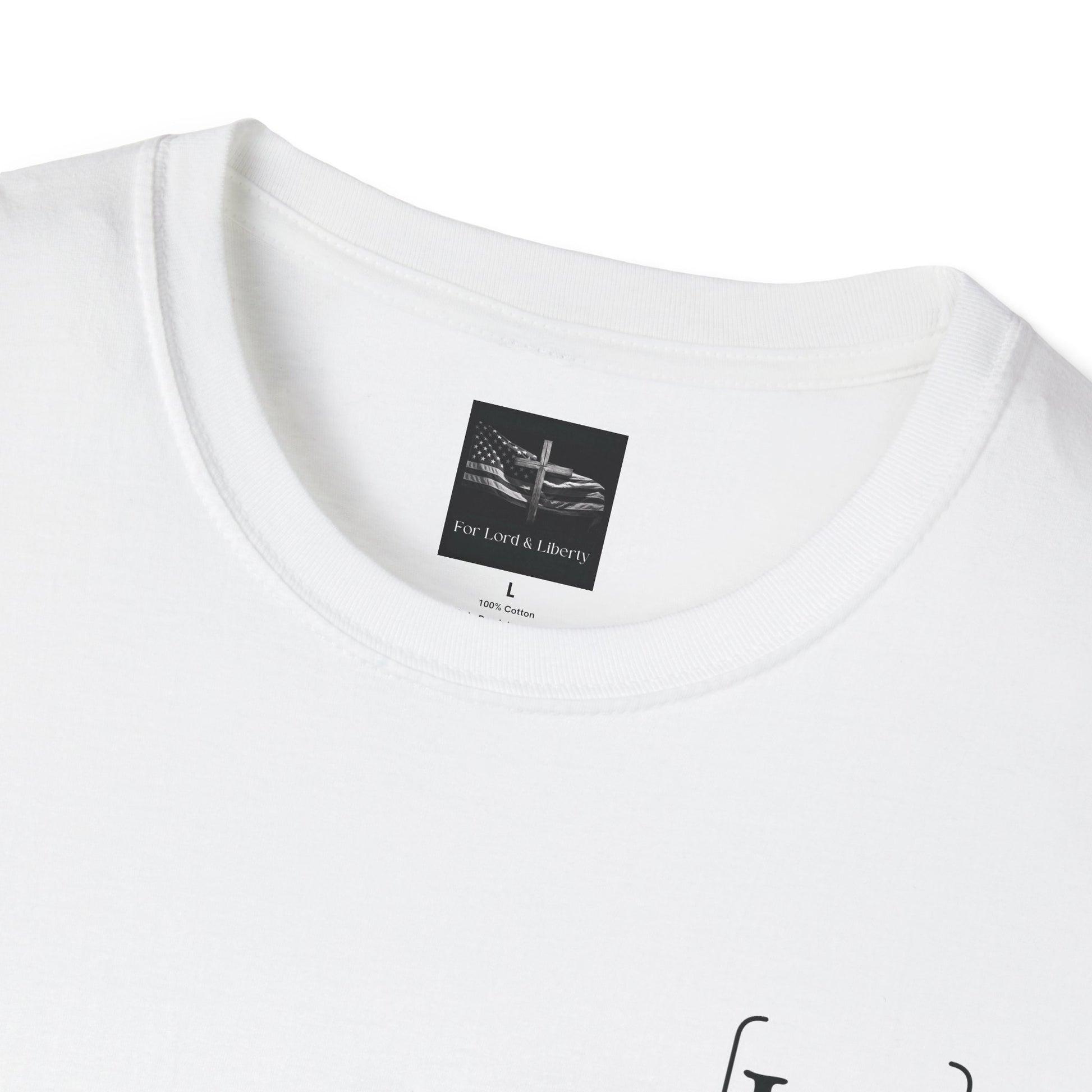 a white t-shirt with a for lord and liberty tag