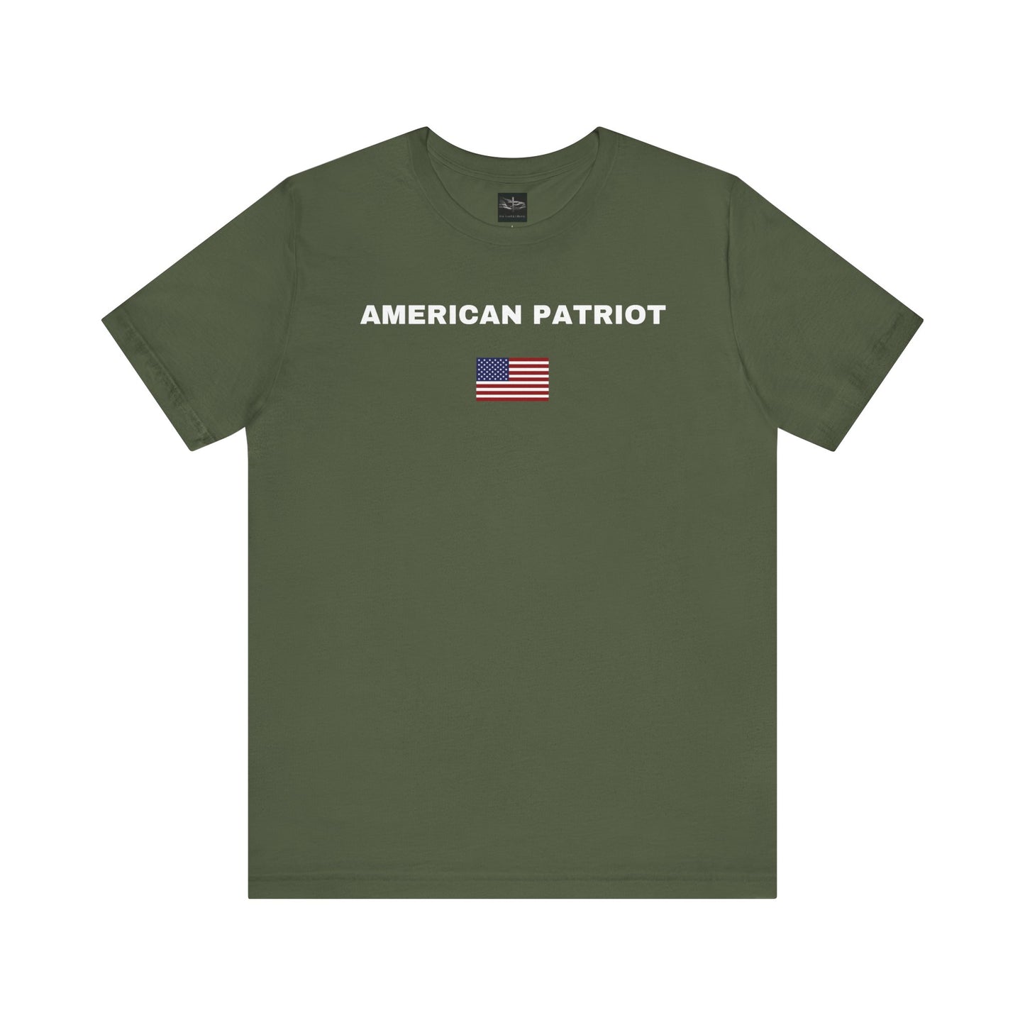 Military Green t-shirt with the words American Patriot in white and an American flag