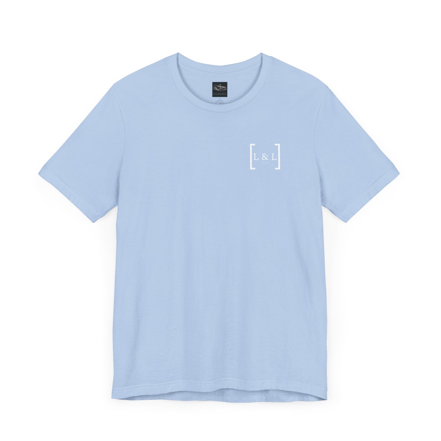 A baby blue t-shirt with L&L established 2023 on the left pocket