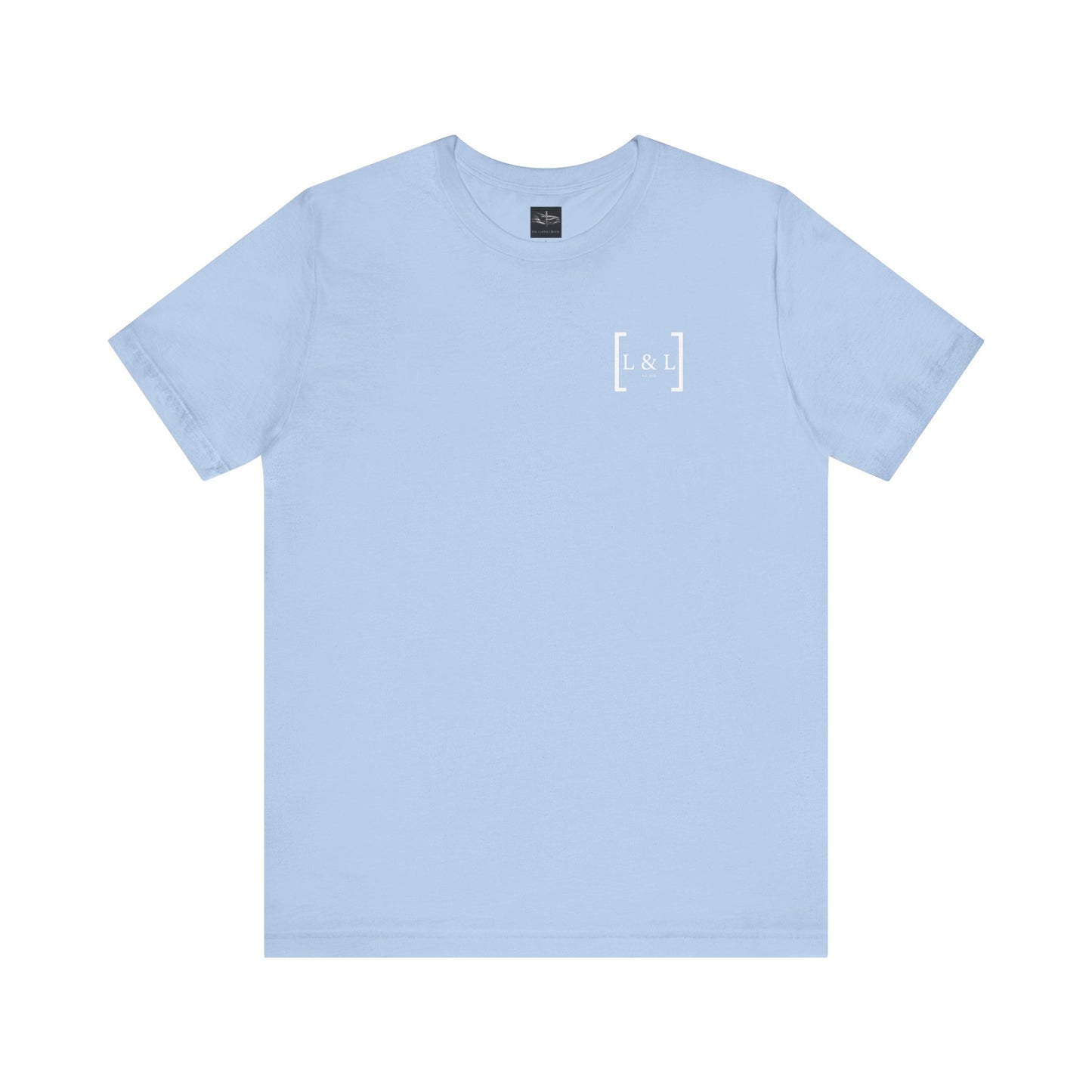 A baby blue t-shirt with the words L&L established 2023 on the left pocket