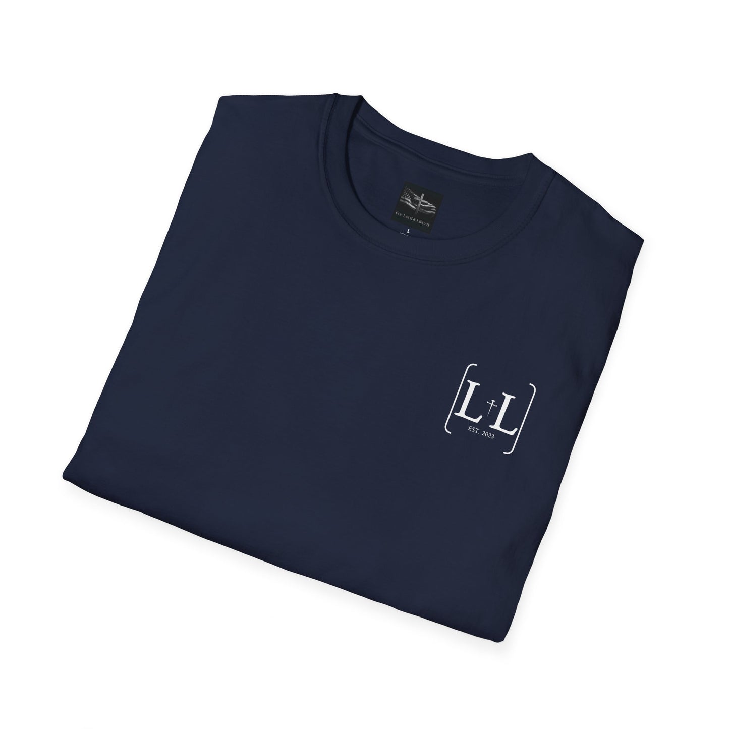 a navy t-shirt with the for lord and liberty logo