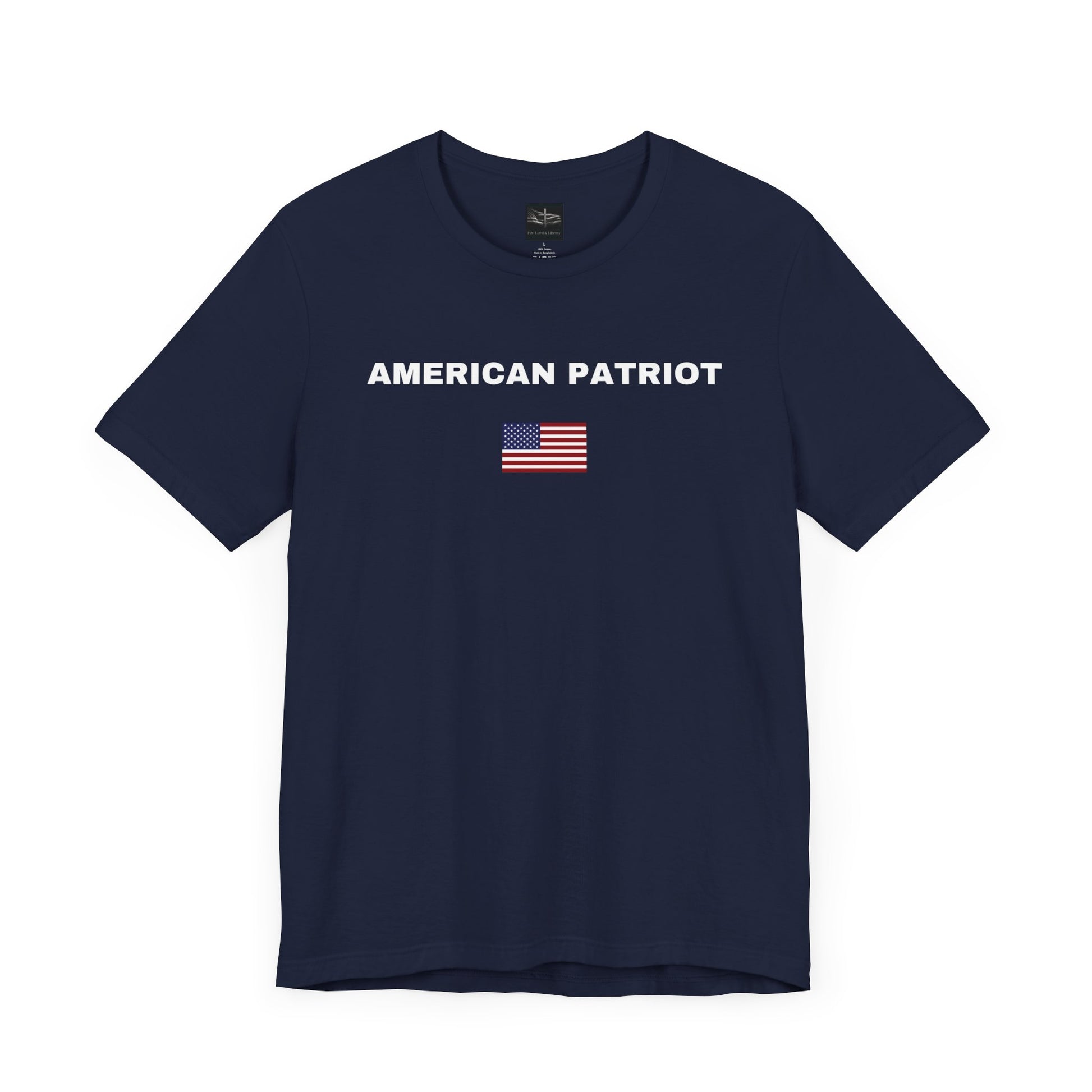 A navy t-shirt with the words American Patriot in white with an American flag