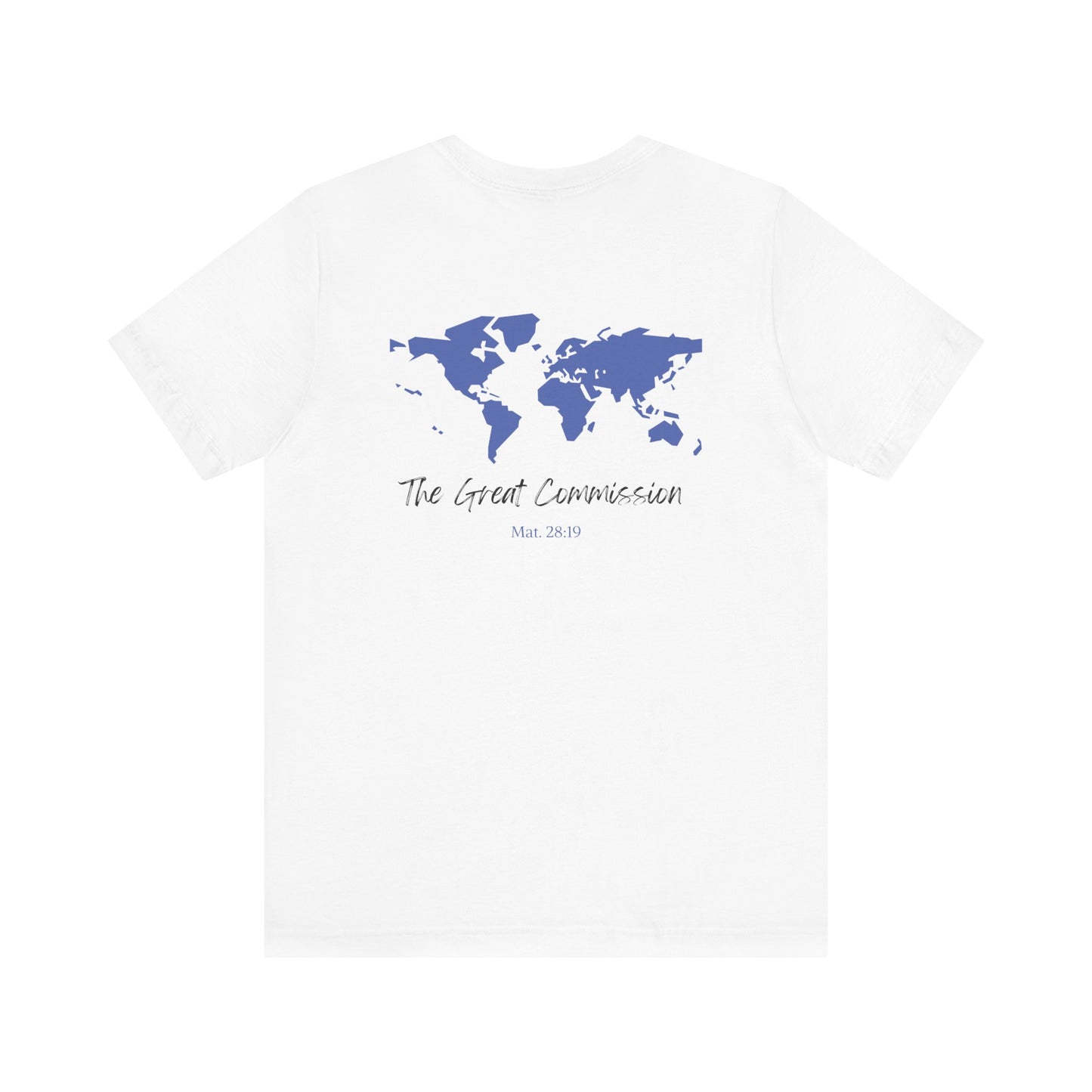 A white t-shirt with a map of the world with the words The Great Commission and Scripture Mat. 28:19