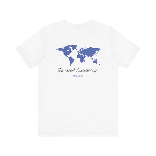 A white t-shirt with a map of the world with the words The Great Commission and Scripture Mat. 28:19