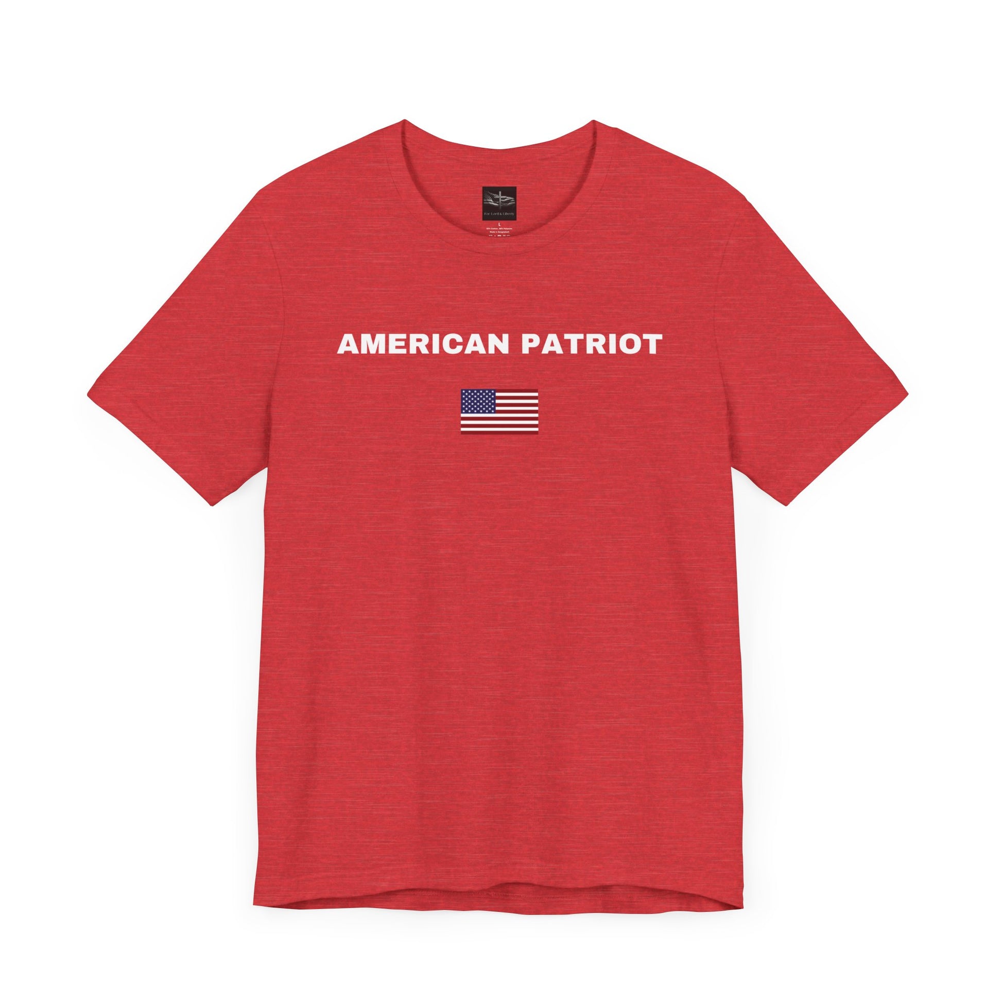 A red t-shirt with the words American Patriot in white with an American flag