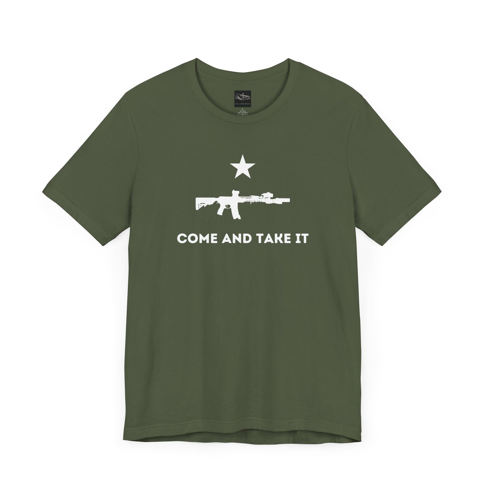 A military green t-shirt with the words Come And Take It