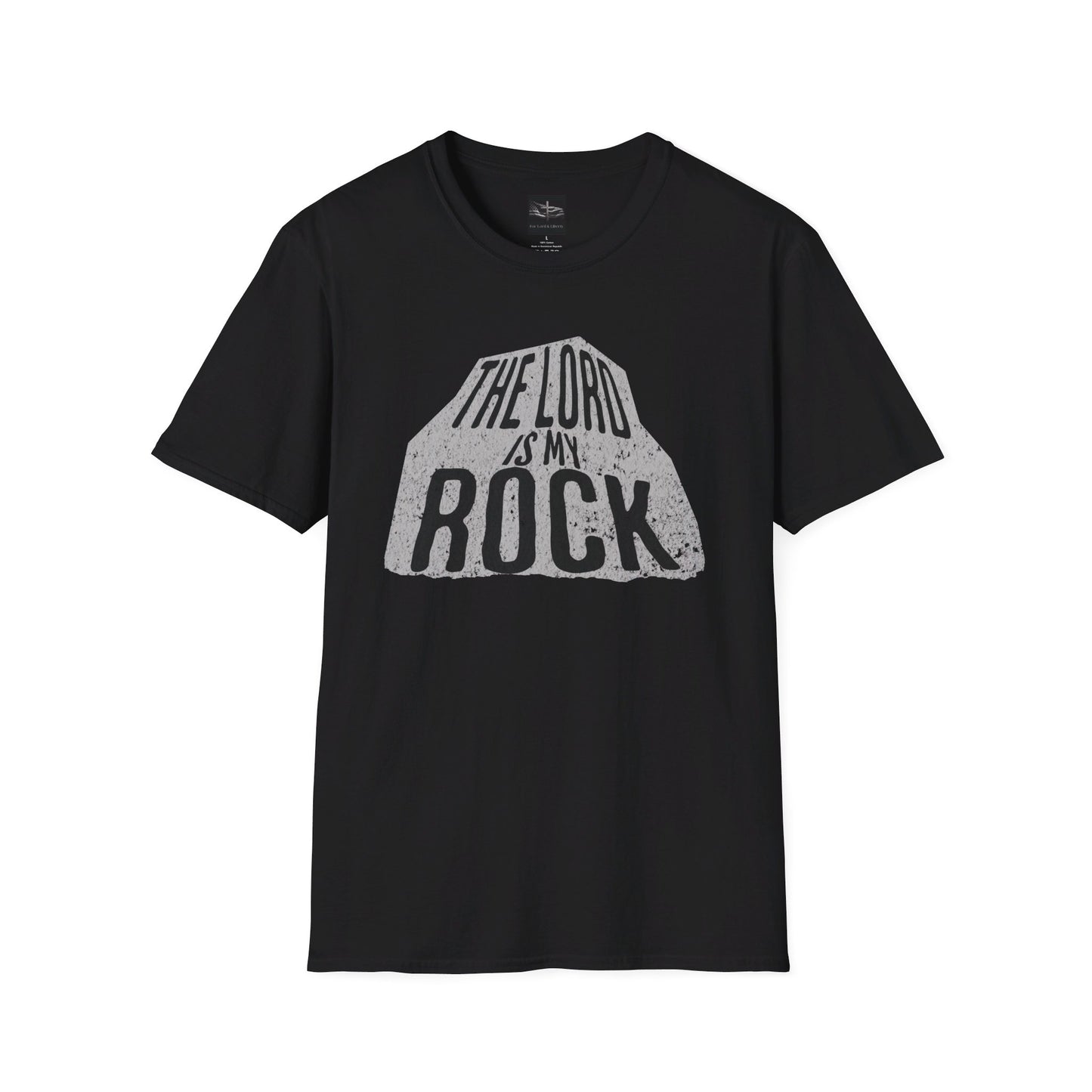 A black t-shirt with a rock and inside says the Lord is my Rock