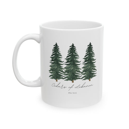 a white mug with three cedar trees with the words cedars of lebanon Psa. 92:12