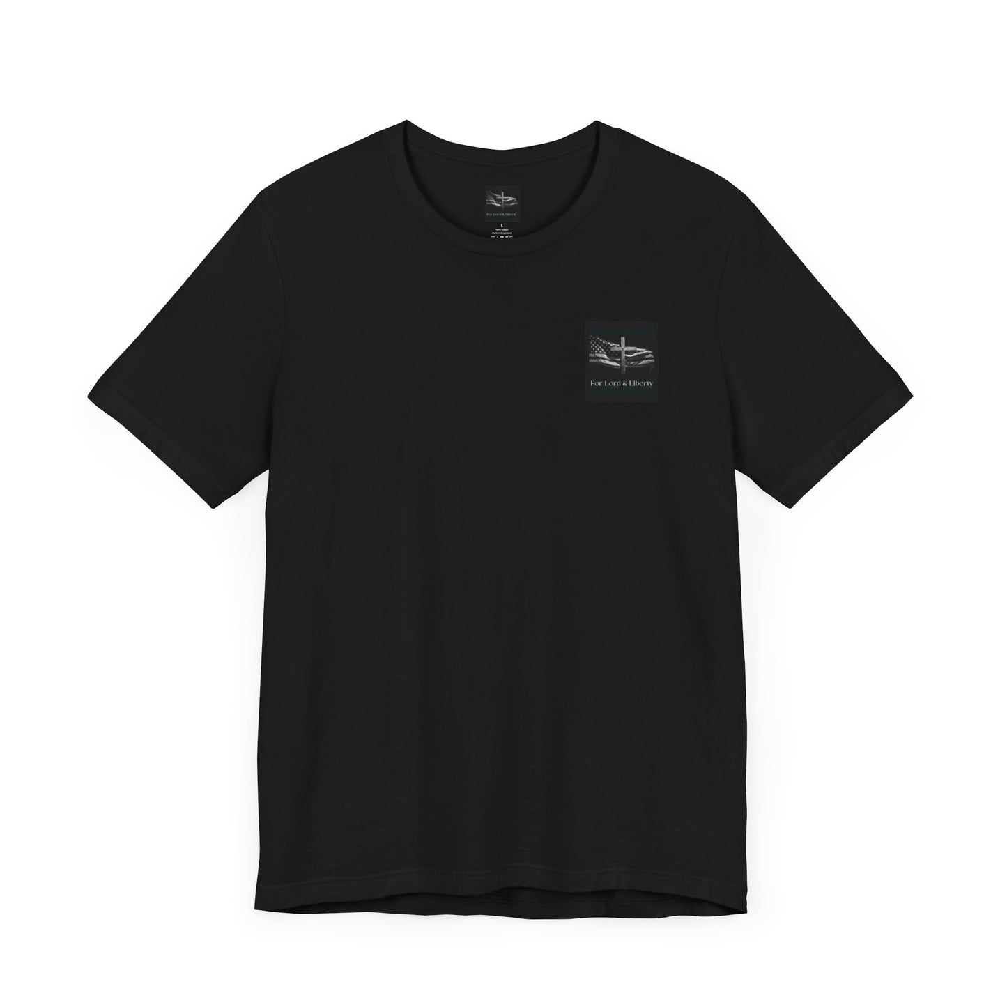 A black t-shirt with the For Lord & Liberty logo on the front left pocket