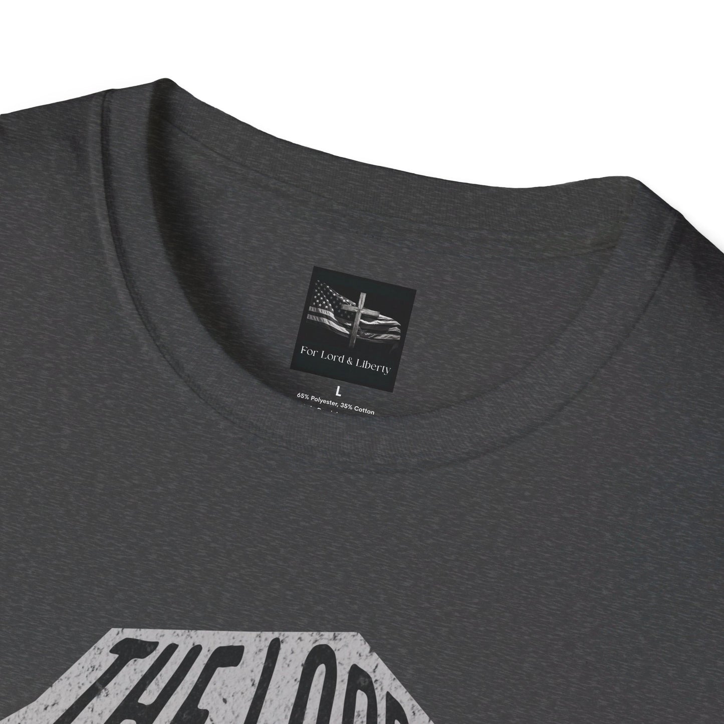 A heather gray t-shirt with a rock and inside says the Lord is my Rock and for lord and liberty sizing logo