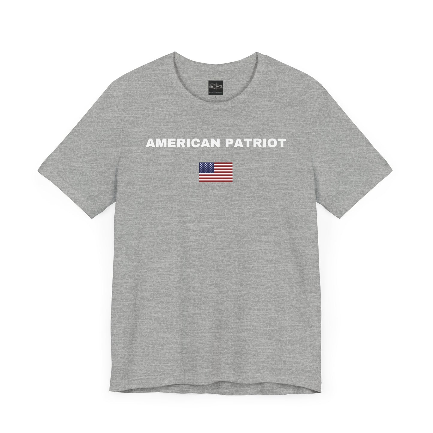 Gray t-shirt with the words American Patriot in white and an American flag