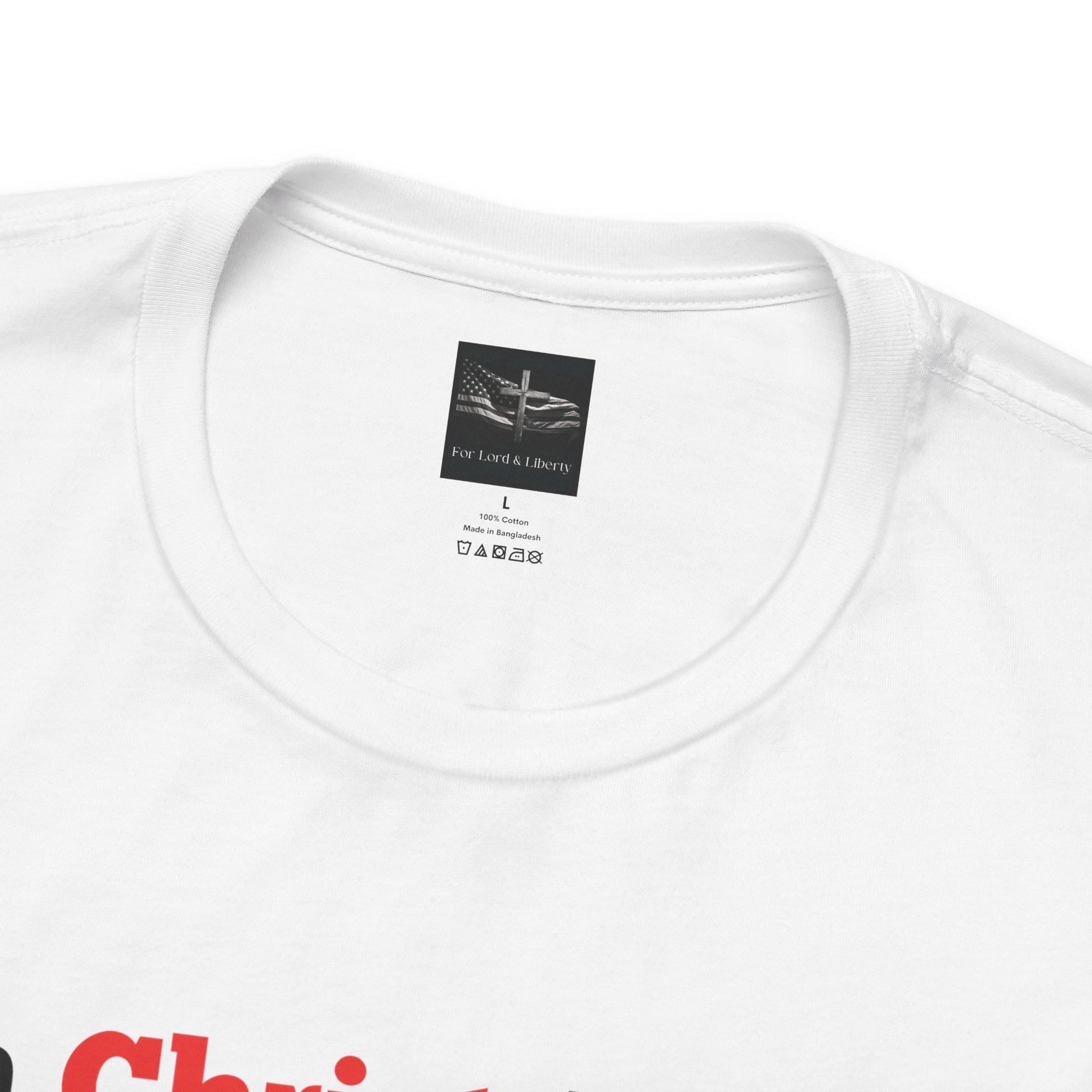 a white t-shirt with a for lord and liberty t-shirt tag