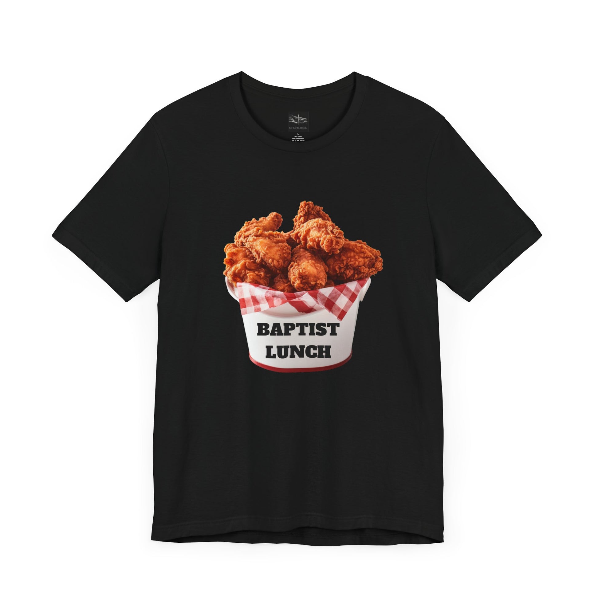 A black t-shirt with a bucket of fried chicken with the words Baptist Lunch on it