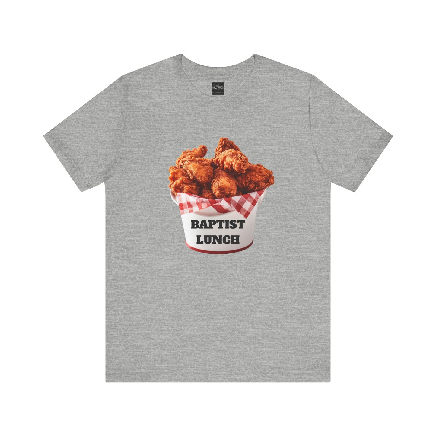 A gray t-shirt with a bucket of fried chicken with the words Baptist Lunch on it