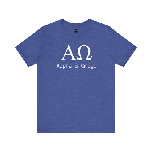 A heather true royal t-shirt with the Greek symbols alpha and omega