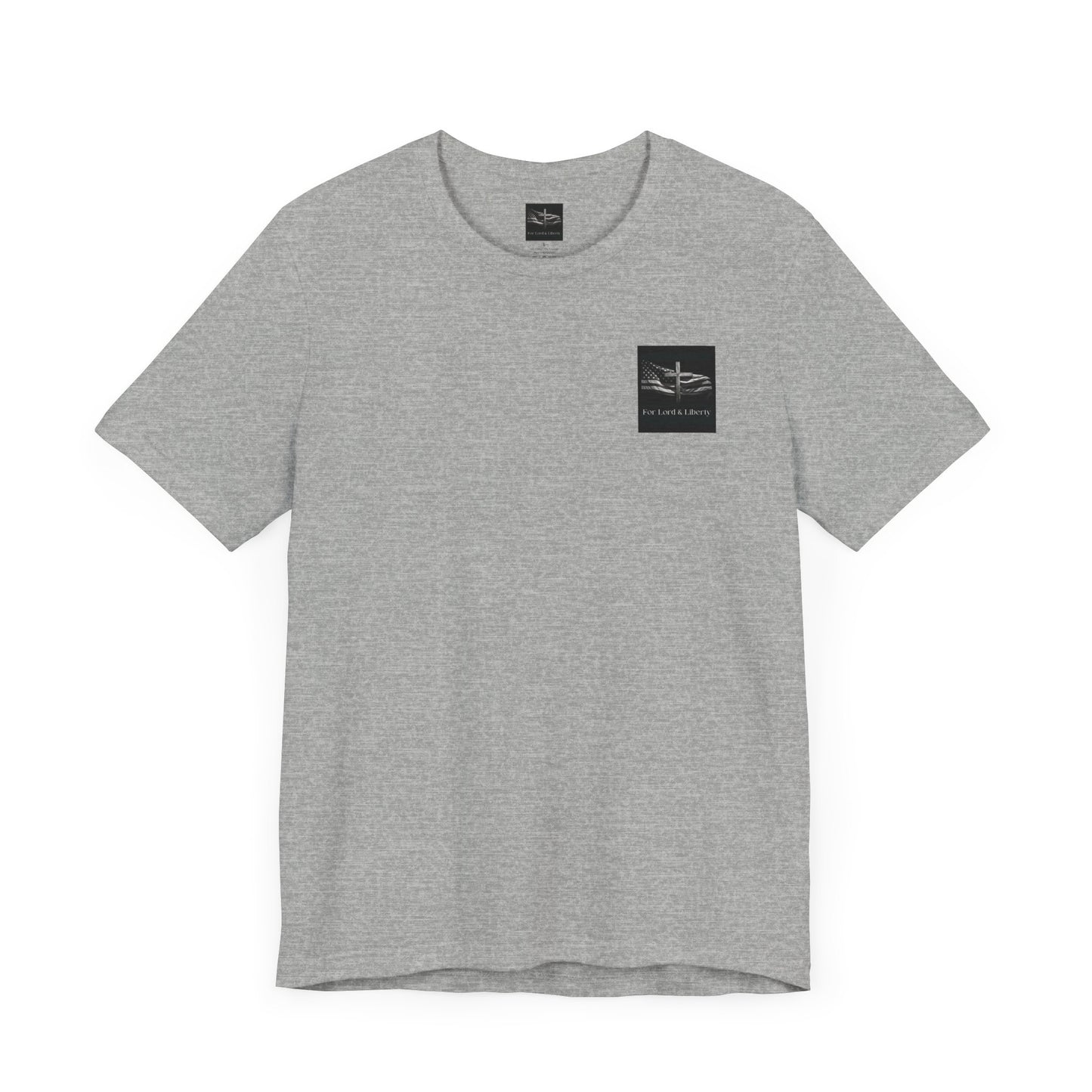 A athletic heather gray t-shirt with the For Lord & Liberty logo on the front left pocket