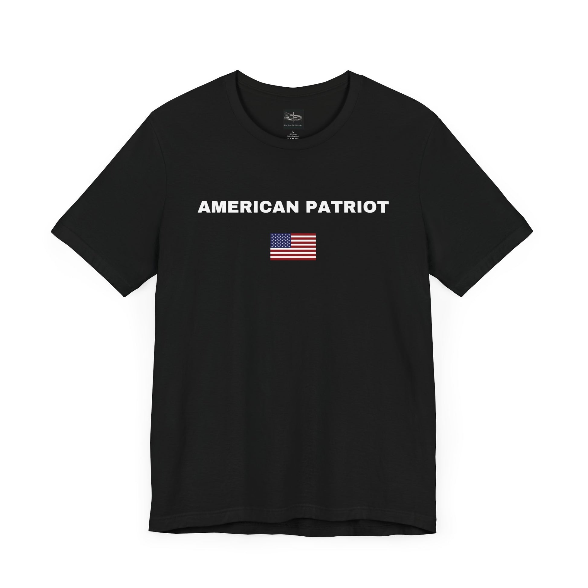 A black t-shirt with the words American Patriot in white letters and an American flag