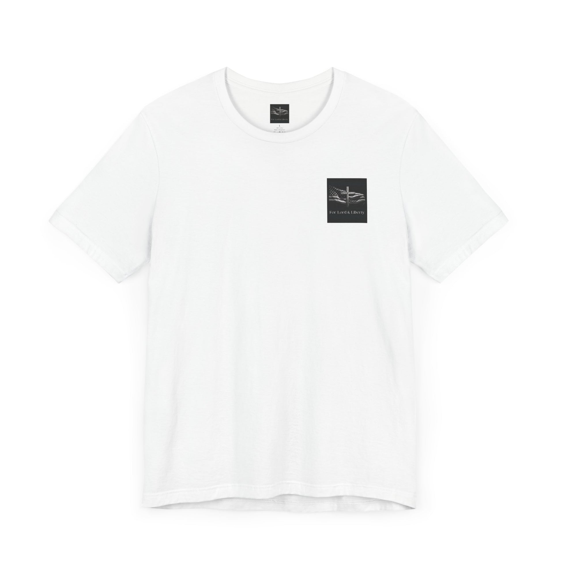 A white t-shirt with the For Lord & Liberty logo on the front left pocket