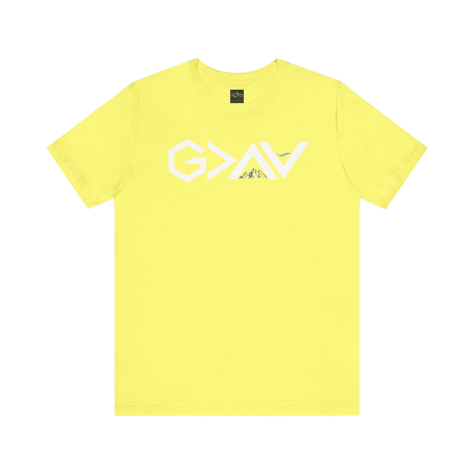 A yellow t-shirt with the words God is Greater than the Mountains and Valleys