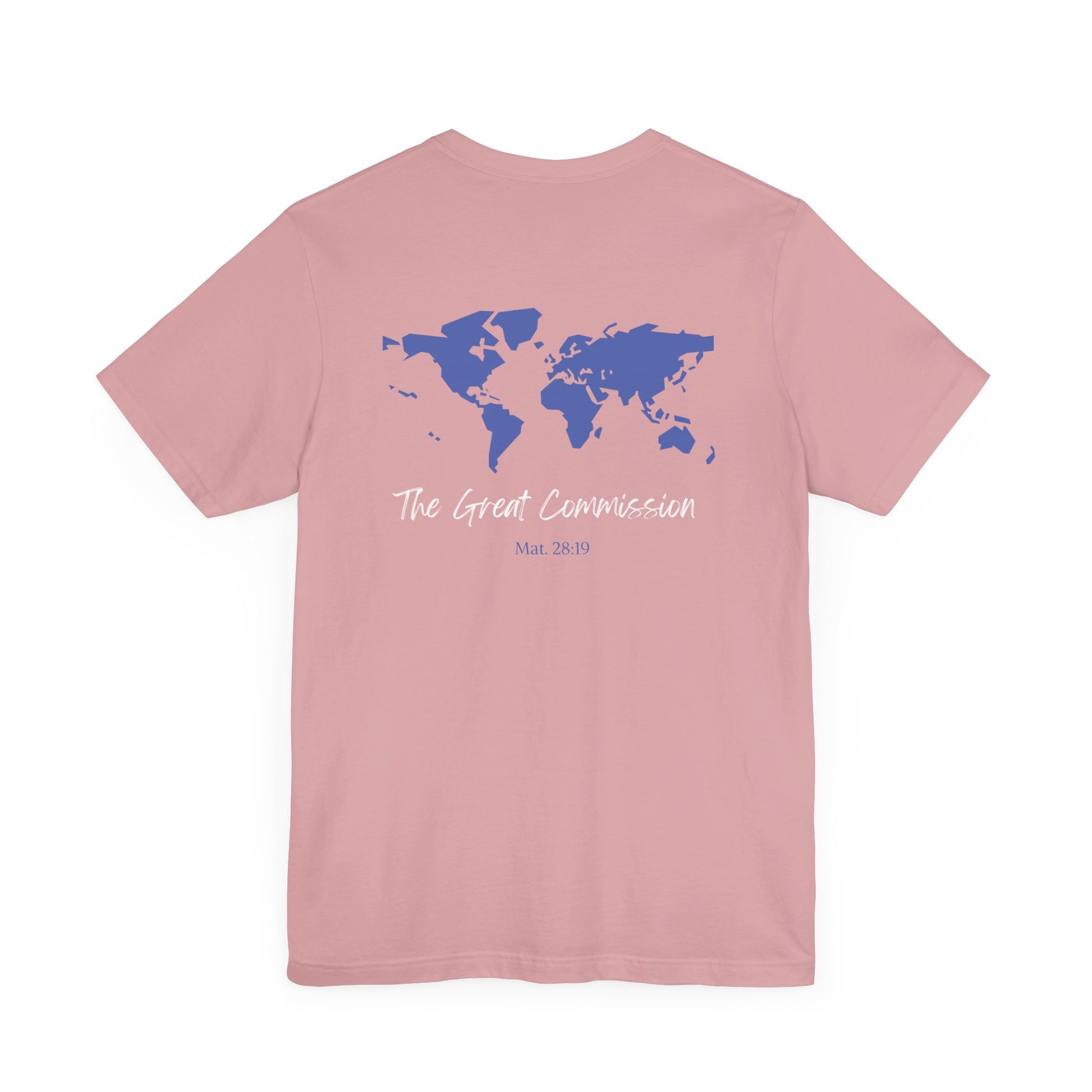 A orchid colored t-shirt with a map of the world with the words The Great Commission and Scripture Mat. 28:19