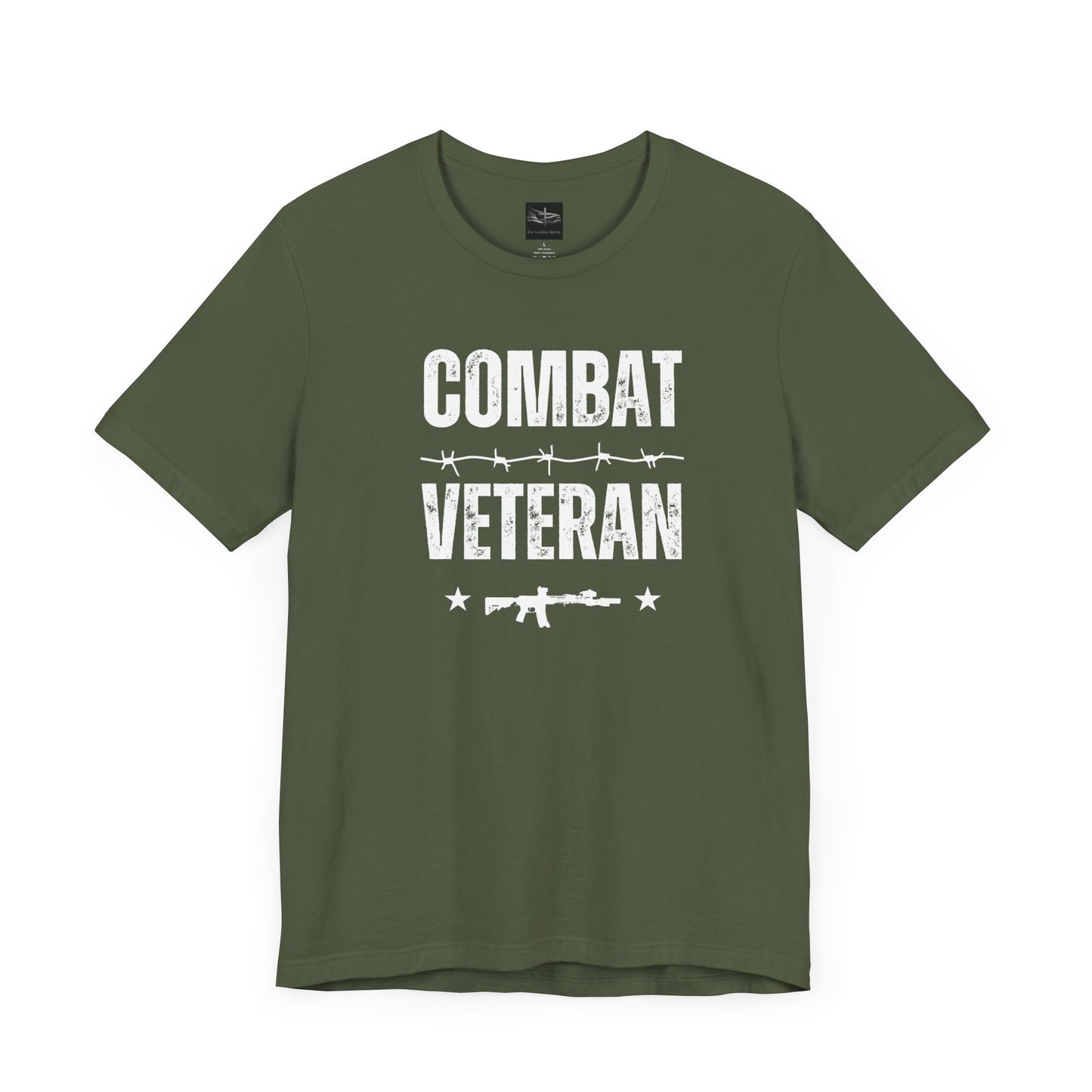 A military green t-shirt with the words combat veteran that includes a m-4 rifle, stars, and barb wire