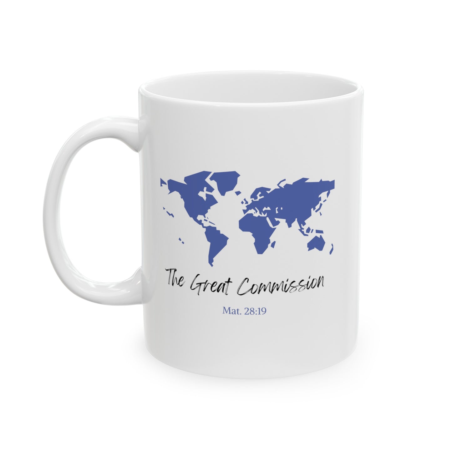 a white mug with the world and the words The Great Commission Mat. 28:19