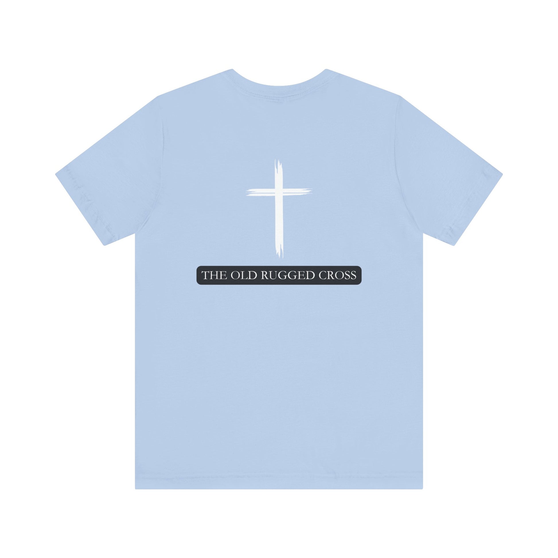 A baby blue t-shirt with a cross with the words The Old Rugged Cross 