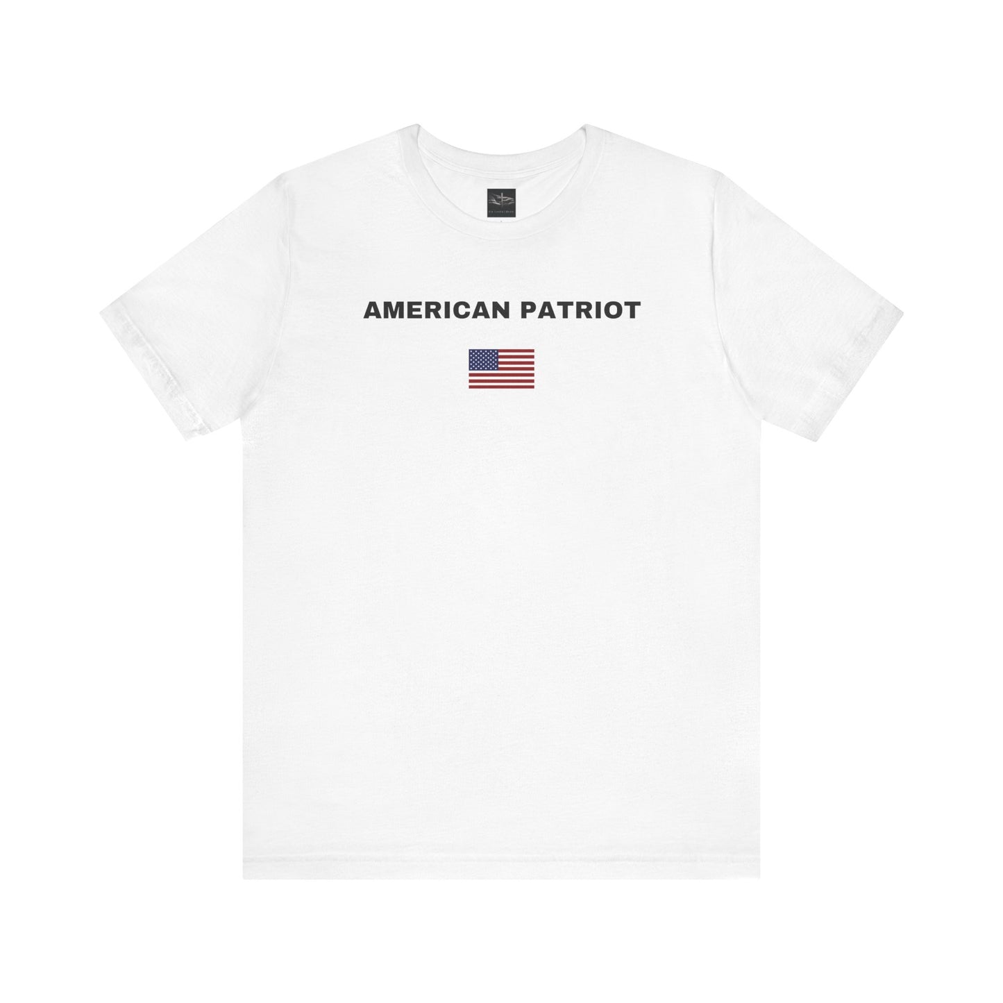 White t-shirt with the words American Patriot in black and an American flag